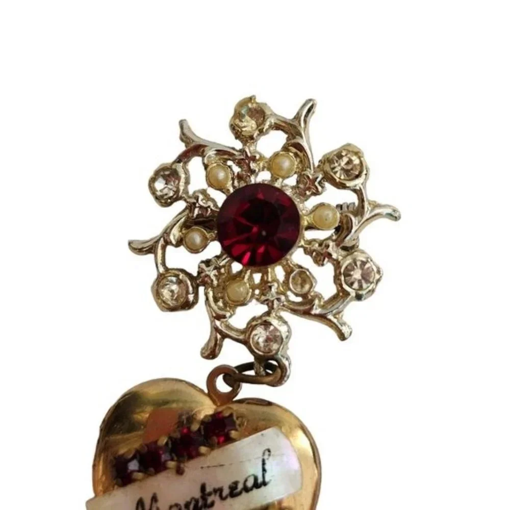 Vintage Montreal‎ Canada Jewelry Brooch Heart Locket Pin Brooch Red Clear Dangle